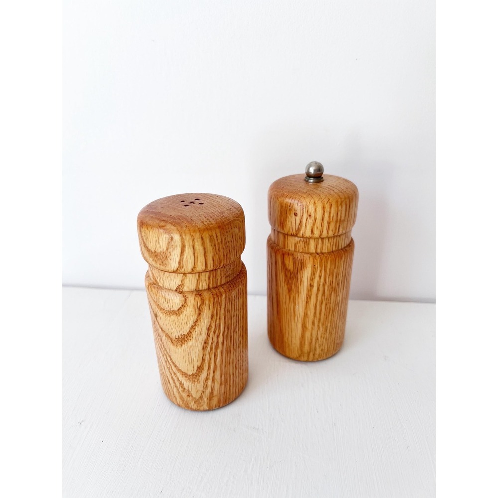 MCM Style Salt Shaker and Pepper Mill Set Brown Oak Wood Vintage